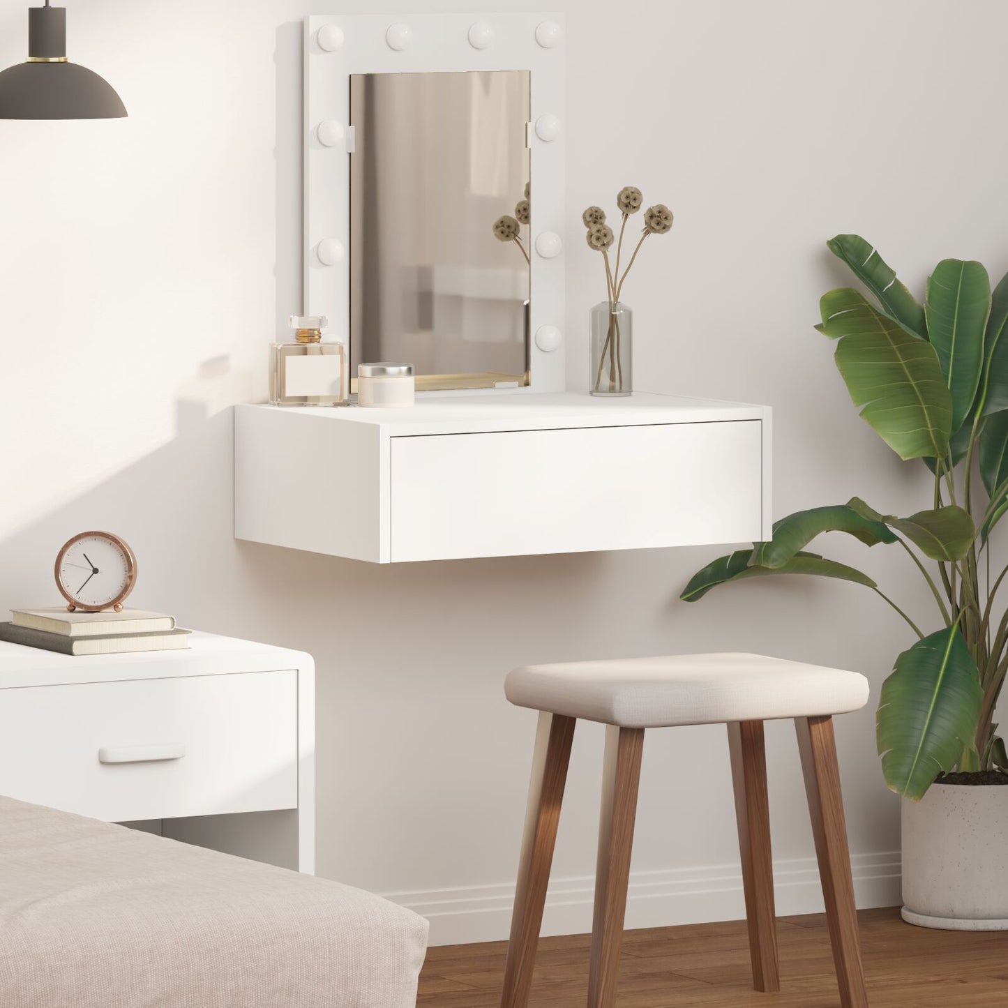 Väggmonterat sminkbord med LED-lampor - Vitt