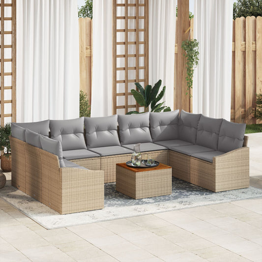 10-delars Trädgårdssoffgrupp med kuddar Beige Polyrotting Acacia