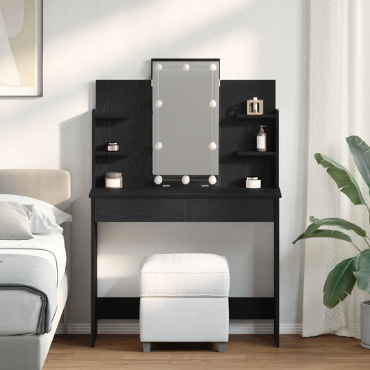 Sminkbord med LED-lampor Svart Ek 96x40x142 cm