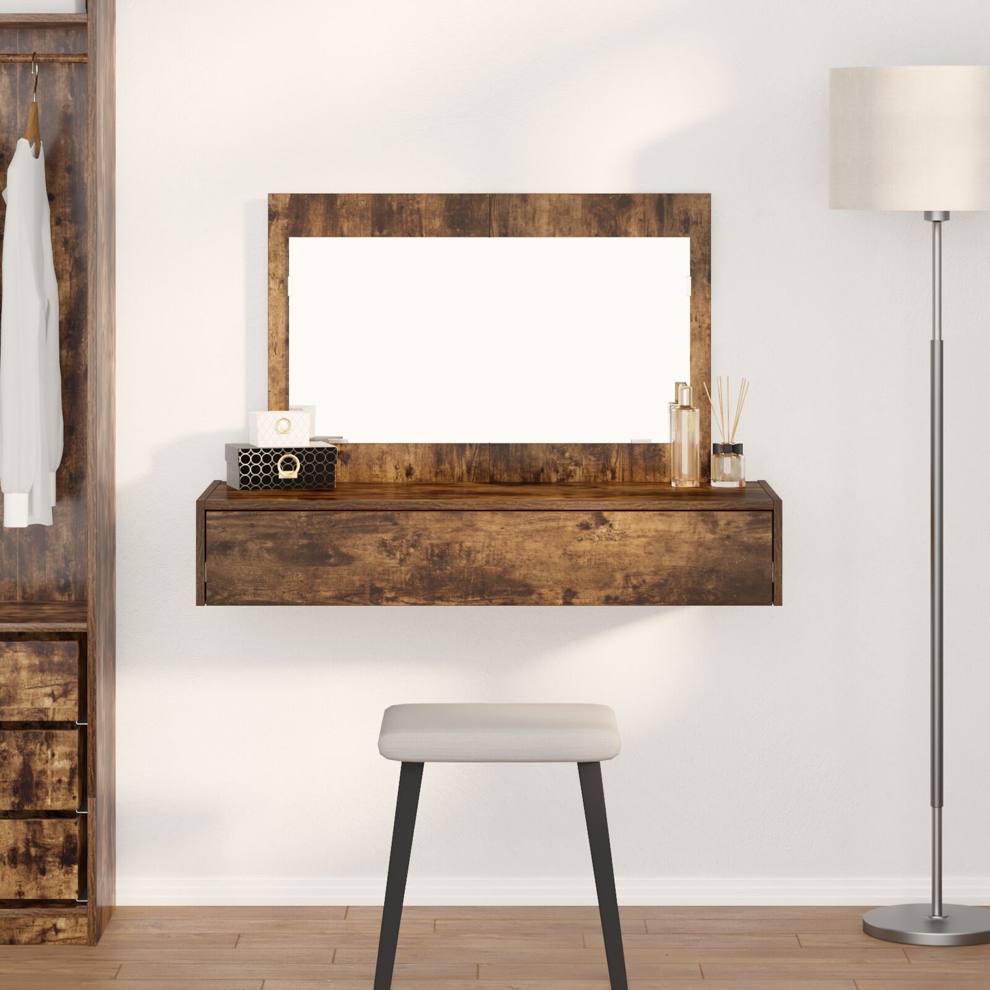 Väggmonterat Sminkbord Rökt Ek 100x40x70 cm