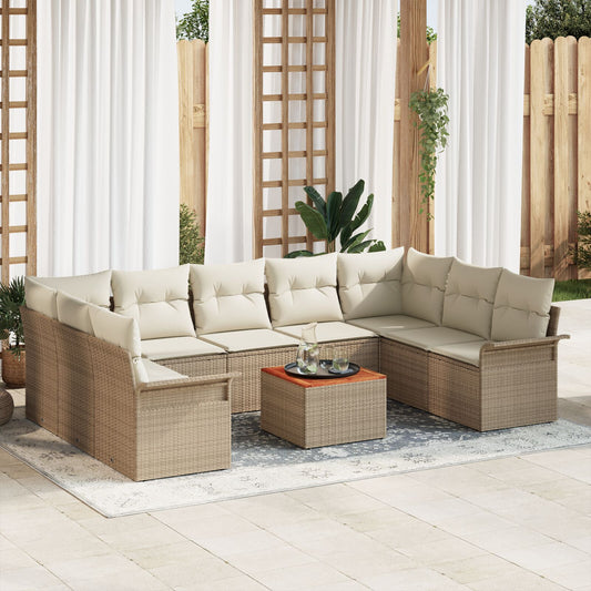 10-delat trädgårdsoff-set med kuddar beige poly rattan akacia