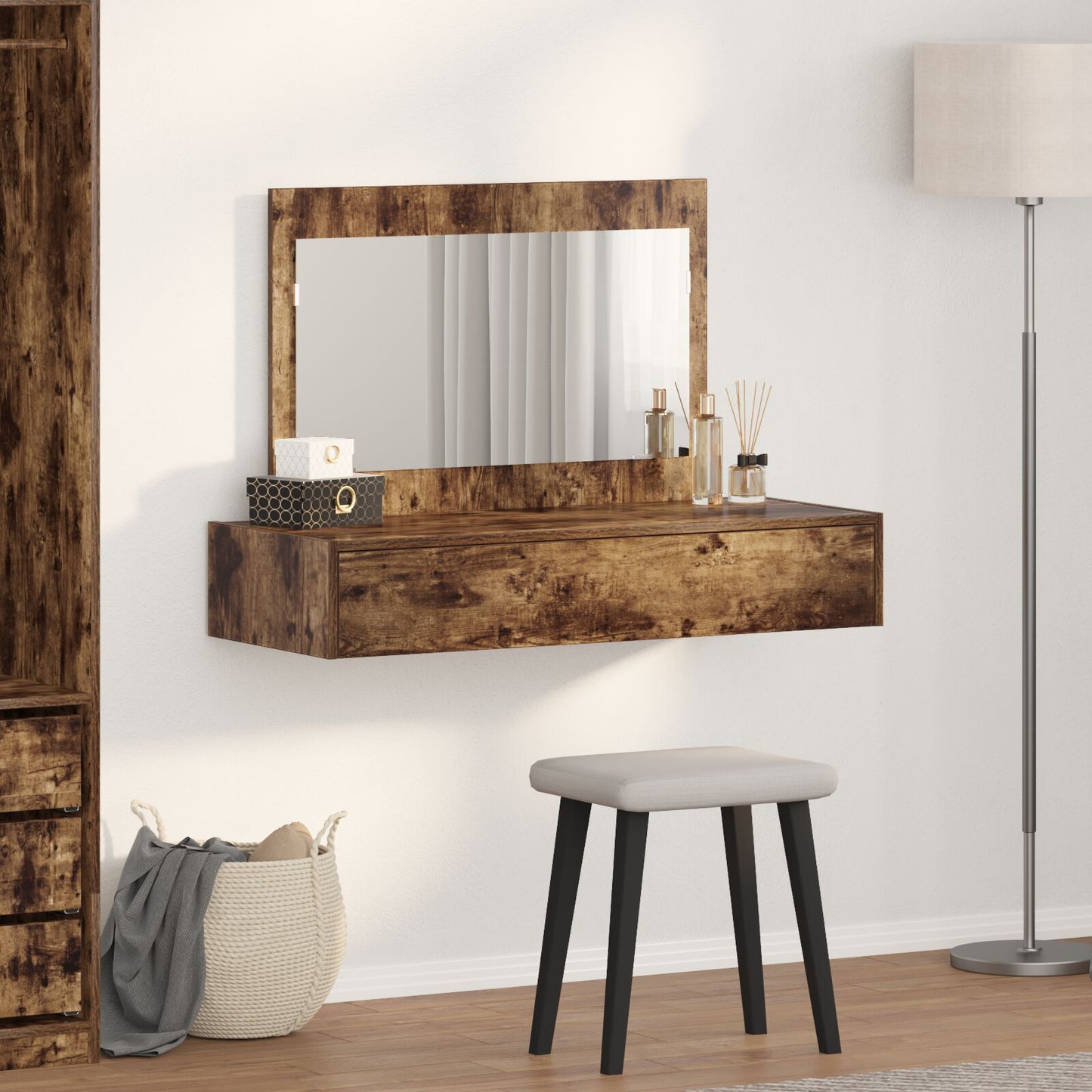 Väggmonterat Sminkbord Rökt Ek 100x40x70 cm