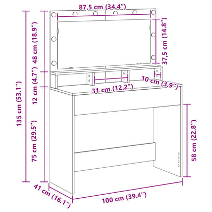 Sminkbord med LED-lampor, Svart Ek, 100x41x135 cm