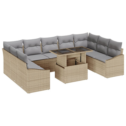 10-delars Trädgårdsoffagrupp med kuddar Beige Poly Rattan