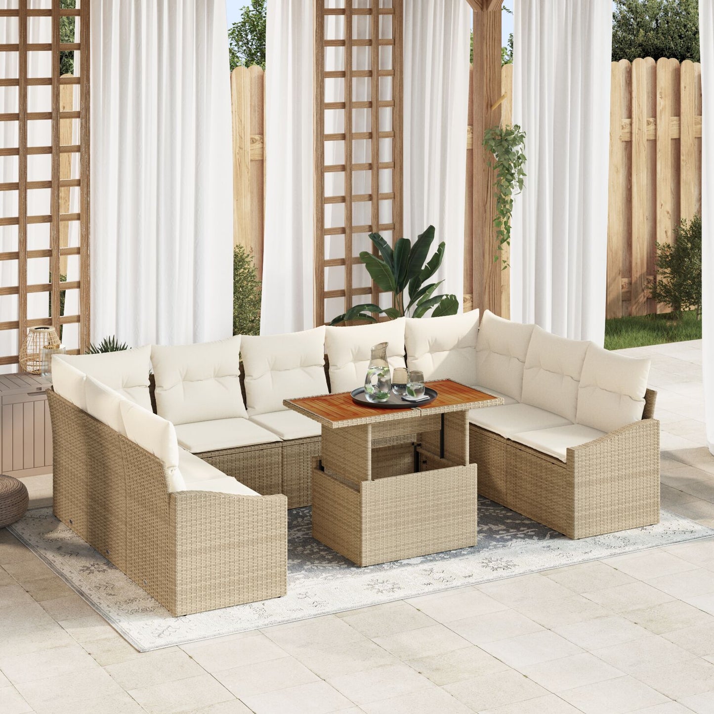 10-delars Trädgårds matsalsgrupp med kuddar Beige Poly Rattan Akacia
