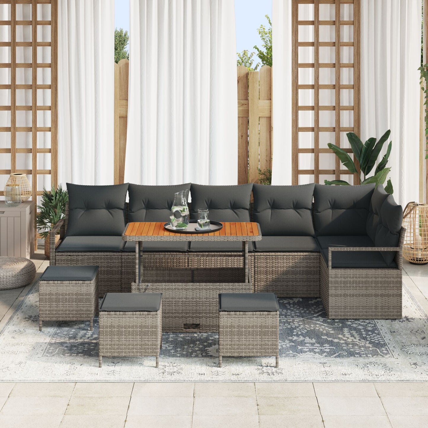 10 Delars Trädgårdsoffgrupp med Kuddar Grå Poly Rattan Akacia, vidaXL 2-sits Trädgårdsoffa med Förvaring & Kuddar Grå Poly Rattan, vidaXL 4 Delars Trädgårdsdining Set med Kuddar Grå Poly Rattan Akacia