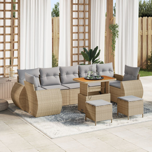 10-delat trädgårdsoff-set med kuddar Beige Poly Rattan Akacia, vidaXL 3-delat trädgårdsdining-set med kuddar Beige Poly Rattan Akacia