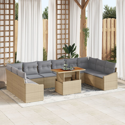 11 Delar Trädgårds Matsalsset med Kuddar Beige Poly Rattan Akacia