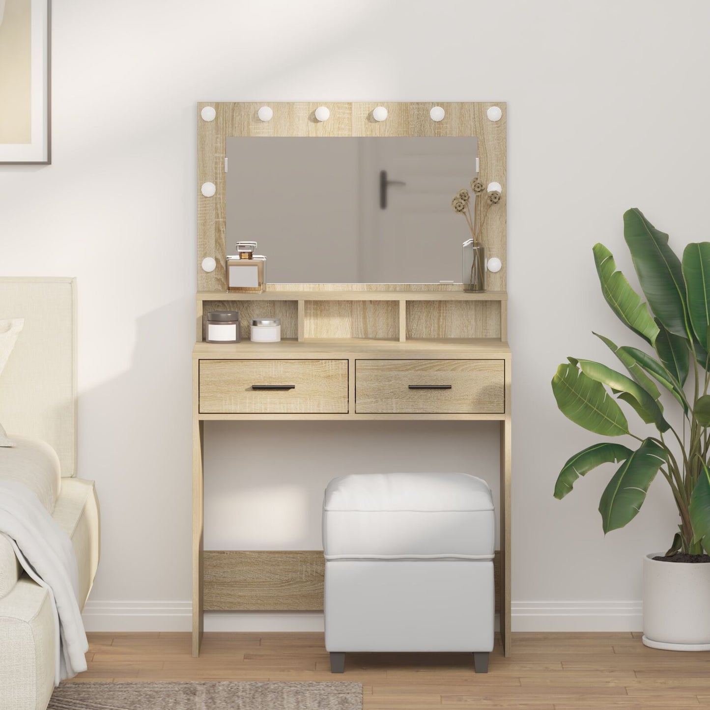 Sminkbord med LED-ljus Sonoma Ek 79x41x135 cm