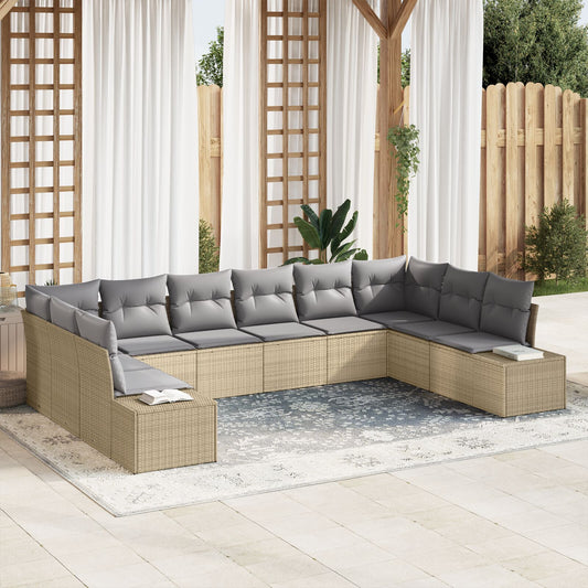 10-delat trädgårdsoffset med kuddar Beige Poly Rattan