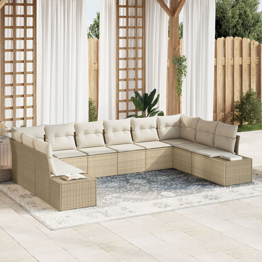10-delars trädgårdsoffasett med kuddar Beige Poly Rattan