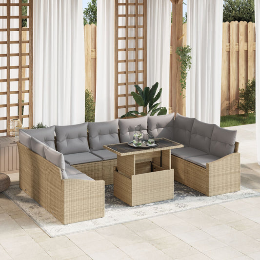 10-delars Trädgårdsoffagrupp med kuddar Beige Poly Rattan