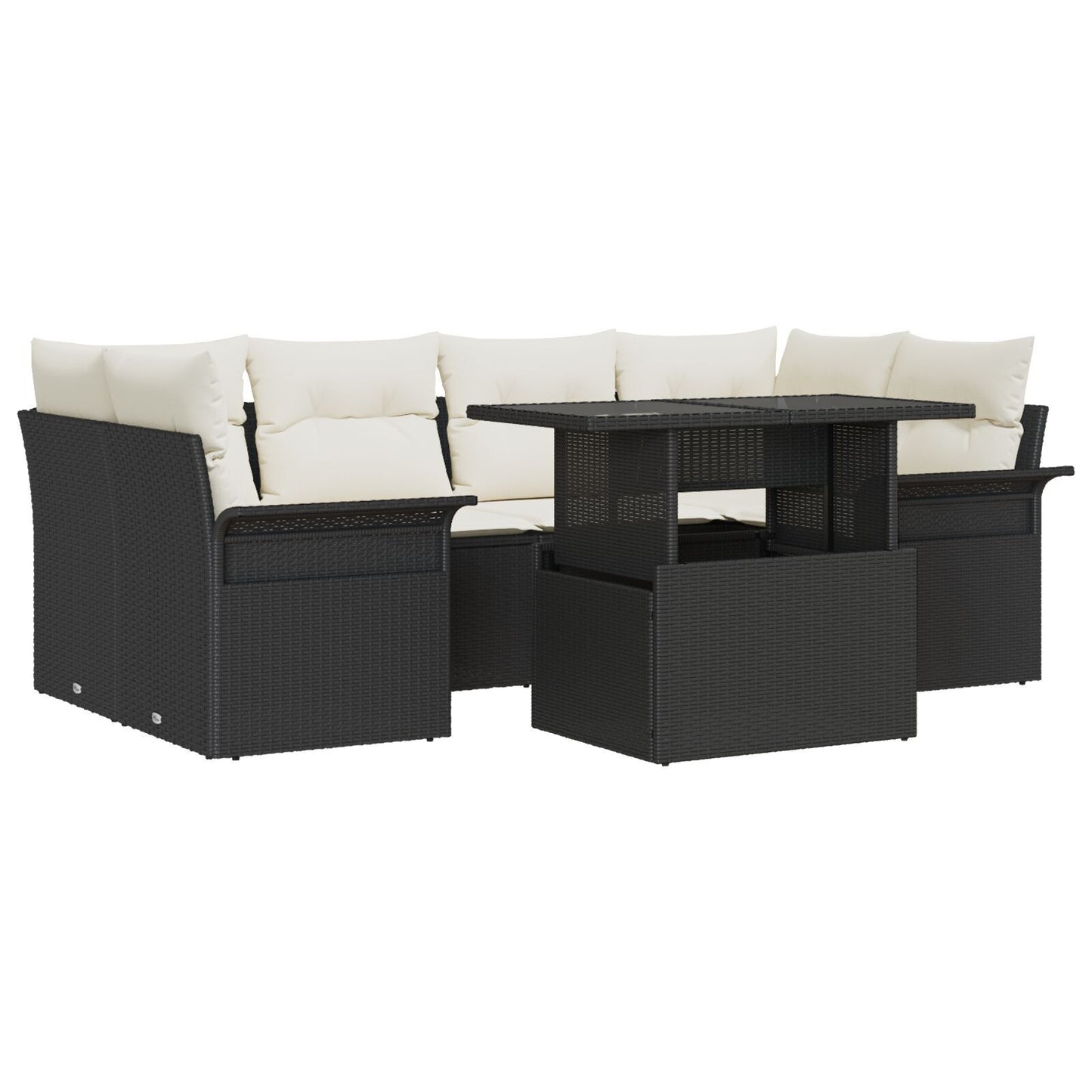 7-delars trädgårdsofa set med kuddar svart poly rattan