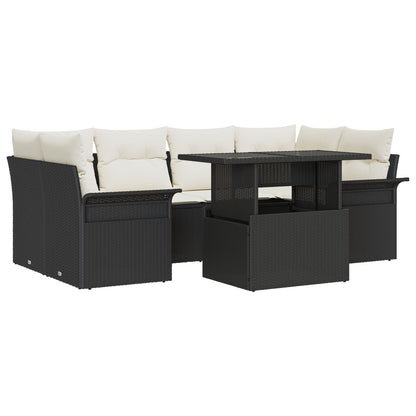 7-delars trädgårdsofa set med kuddar svart poly rattan
