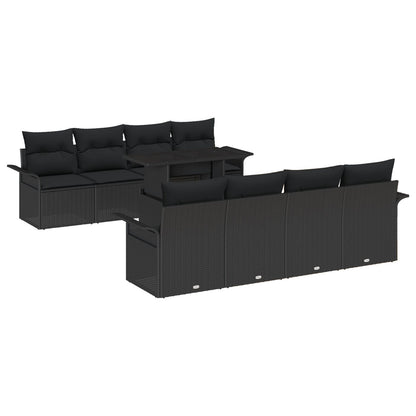 9 Delar Trädgårdsofa Set med Dynor Svart Poly Rattan