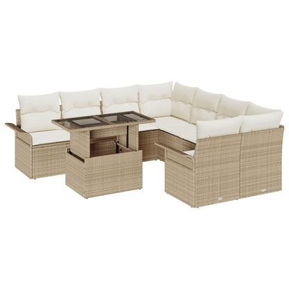 9-delars trädgårdsoffas med kuddar i beige poly rattan
