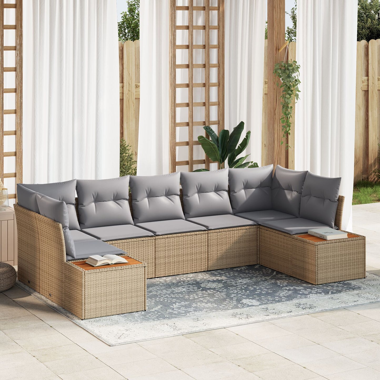 7-delad Trädgårdsoffagrupp med kuddar Beige Poly Rattan Akacia