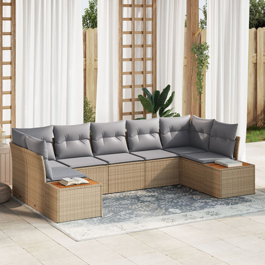 7-delad Trädgårdsoffagrupp med kuddar Beige Poly Rattan Akacia