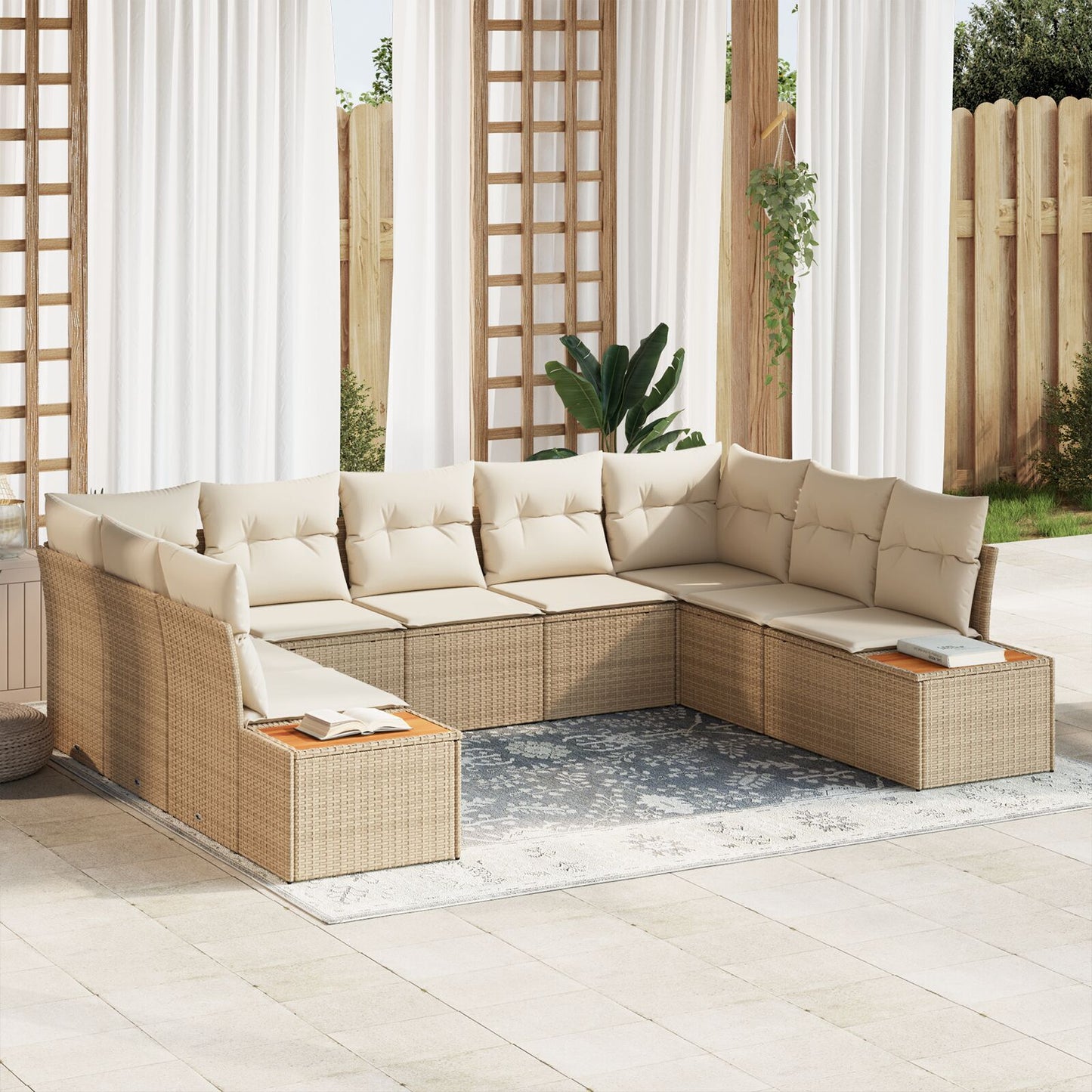 9-delat trädgårdsoffaset med kuddar beige poly konstrotting akacia