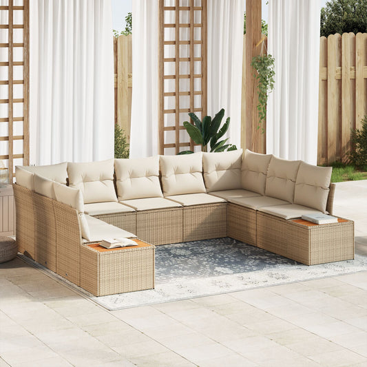 9-delat trädgårdsoffaset med kuddar beige poly konstrotting akacia
