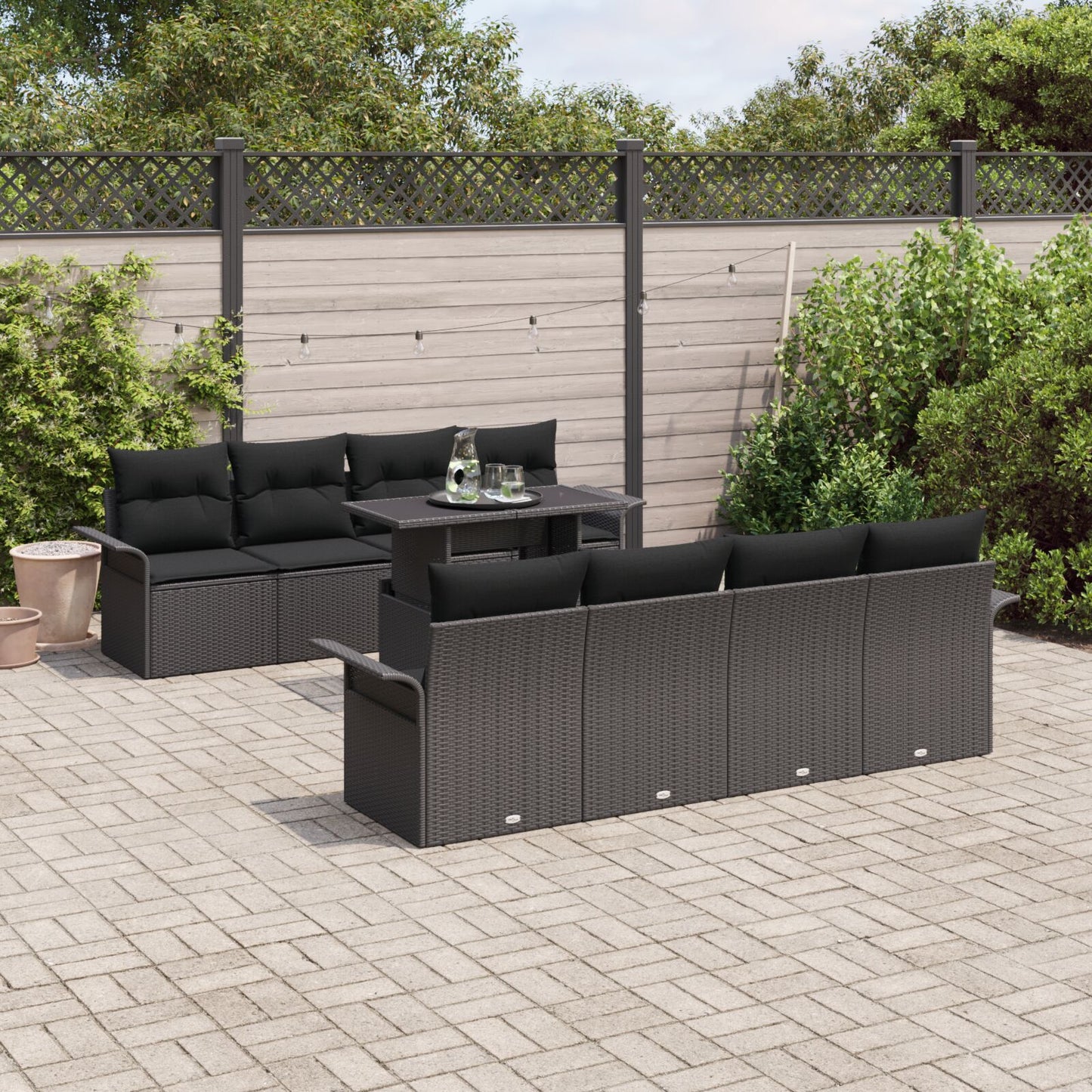 9 Delar Trädgårdsofa Set med Dynor Svart Poly Rattan