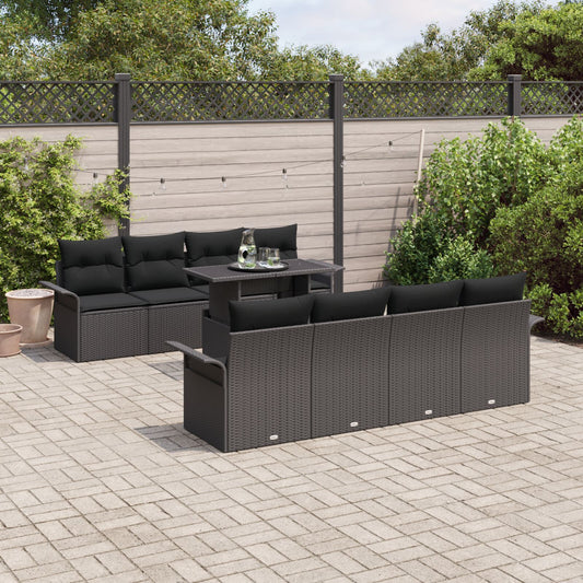 9 Delar Trädgårdsofa Set med Dynor Svart Poly Rattan