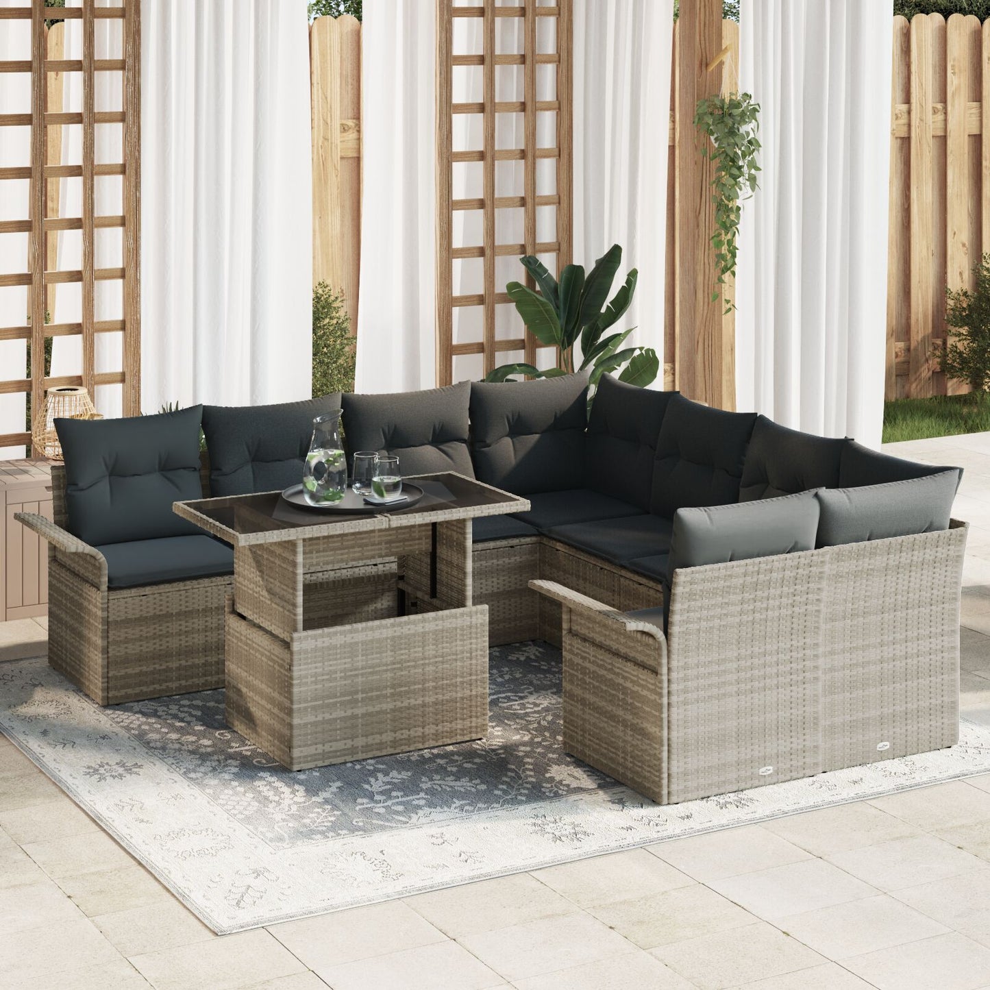 9 Delar Trädgårdsofa Set med Kuddar Ljus Grå Poly Rattan
