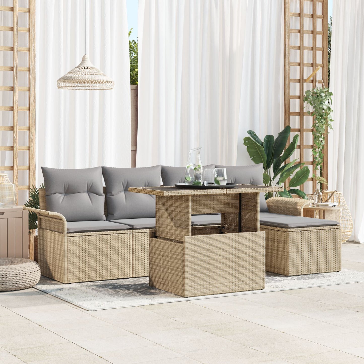 6-delat Trädgårdsoffset med kuddar Beige Poly Rattan
